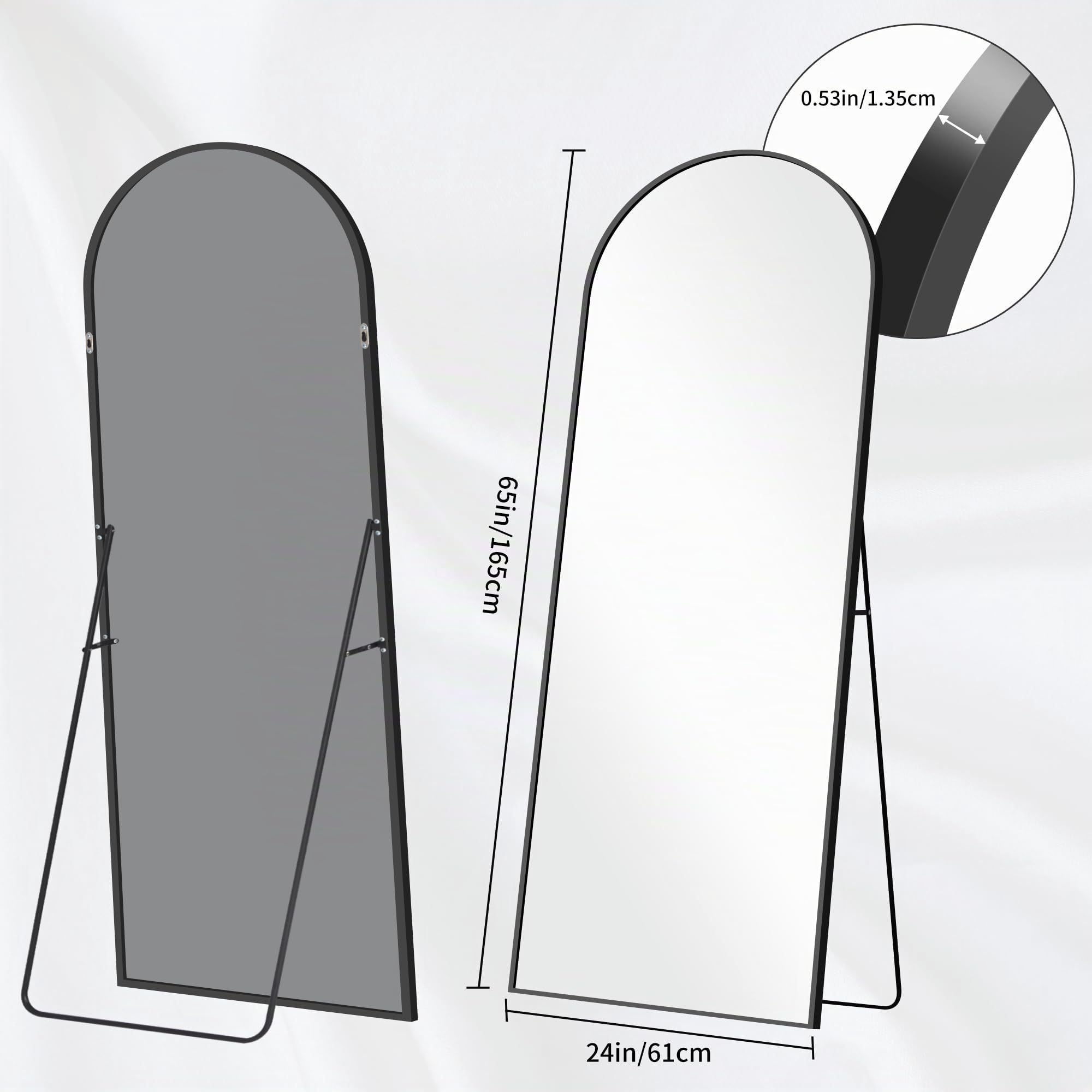 BONEWEI Specchio da Terra ad Arco, 165 x 60 cm Specchio da Parete Grande con Cornice in nero Alluminio, Specchio da Terra da Appoggiare o Appendere per Soggiorno, Camera da Letto, Ingresso