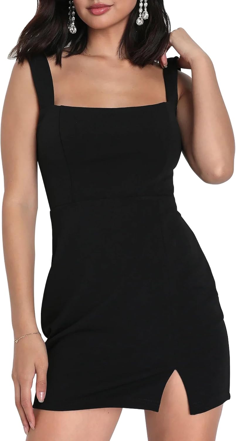 LuFeng Women's Summer Sqaure Neck Sleeveless Split Mini Dress Elegant Slim Fit Night Out Party Dress - Image 2