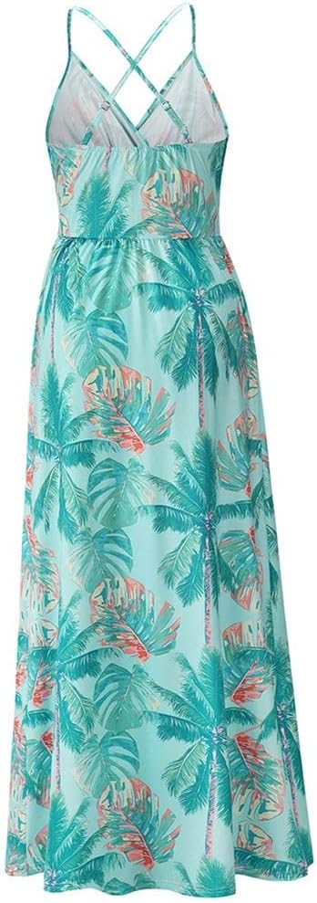 Women's Printed Dress Bohemian Floral Sling Long Dress V-Neck Spaghetti Strap Maxi Dress Lake Blue