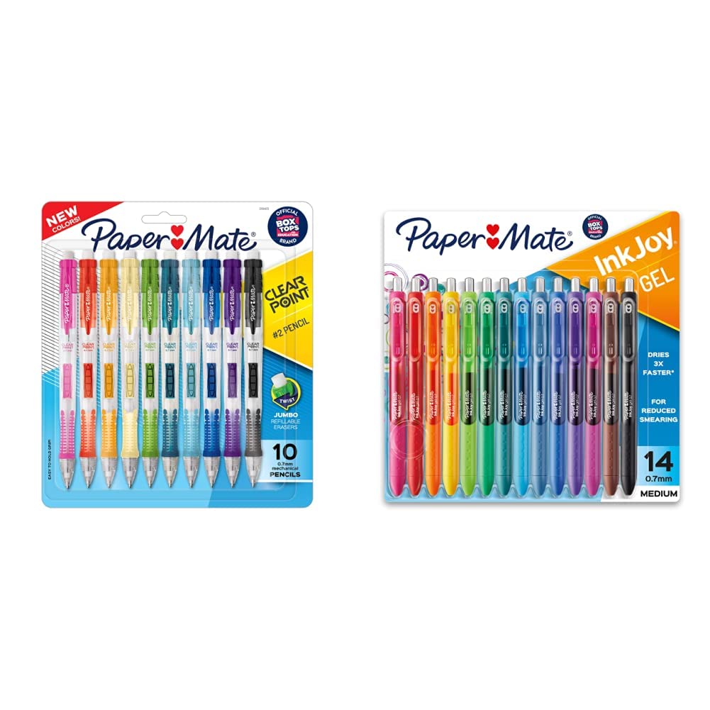 Paper Mate Clearpoint Pencils, HB #2 Lead (0.7mm), Assorted Barrel Colors, 10 Count & Gel Pens InkJoy Pens, Medium Point, Assorted, 14 Count