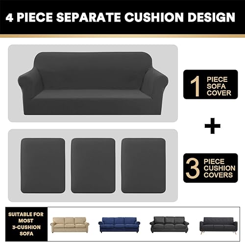 Miniatura 3 de PrinceDeco - Funda elástica y suave de 4 piezas para sofá, lavable, 3 fundas para cojines separados, protector elástico para niños y mascotas, funda