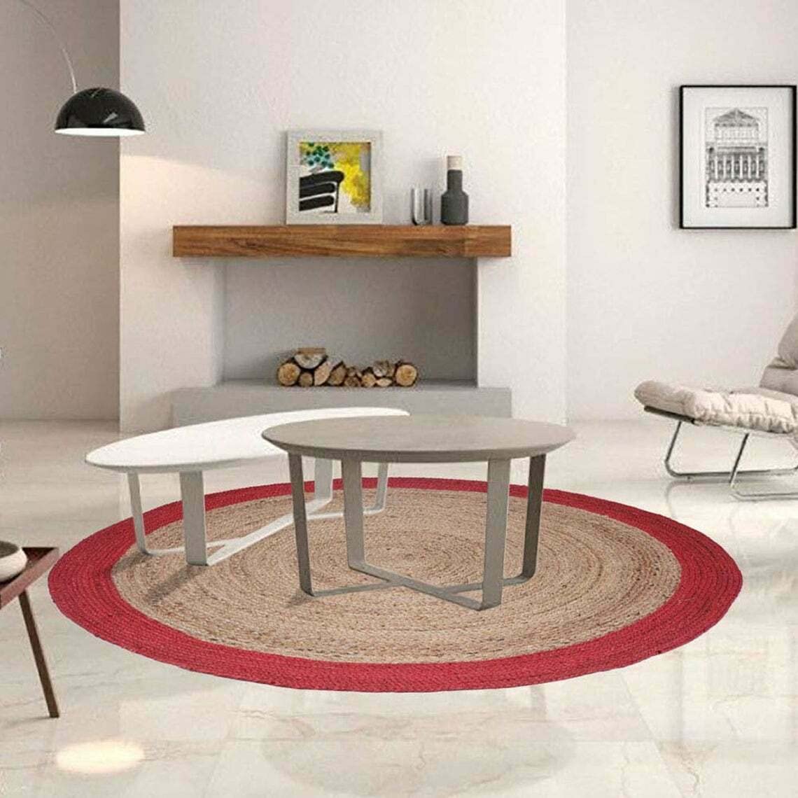 Tapis rond en jute naturel avec bordure colorée faite à la main - 90 x 90 cm - Beige + rouge