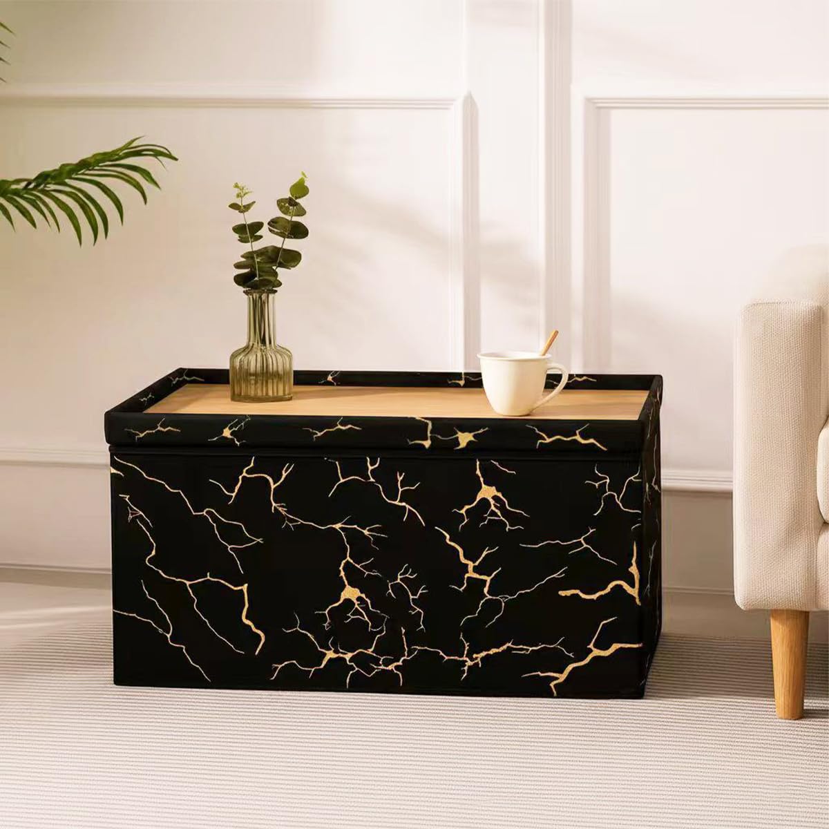 Luxury Foli Print Ottoman Storage Box with Wooden Tea Table Top Foldable Ottoman Storage Bench Seat for Living Room, Bedroom & Hallway Multipurpose Footstool & Marble Design 76×38 ×38cm (Black)