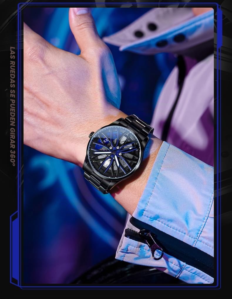 OLEVS Watches for Men Skeleton Quartz Racing Car Wheel Stainless Steel Casual Sports Waterproof Luminous Mens Watches