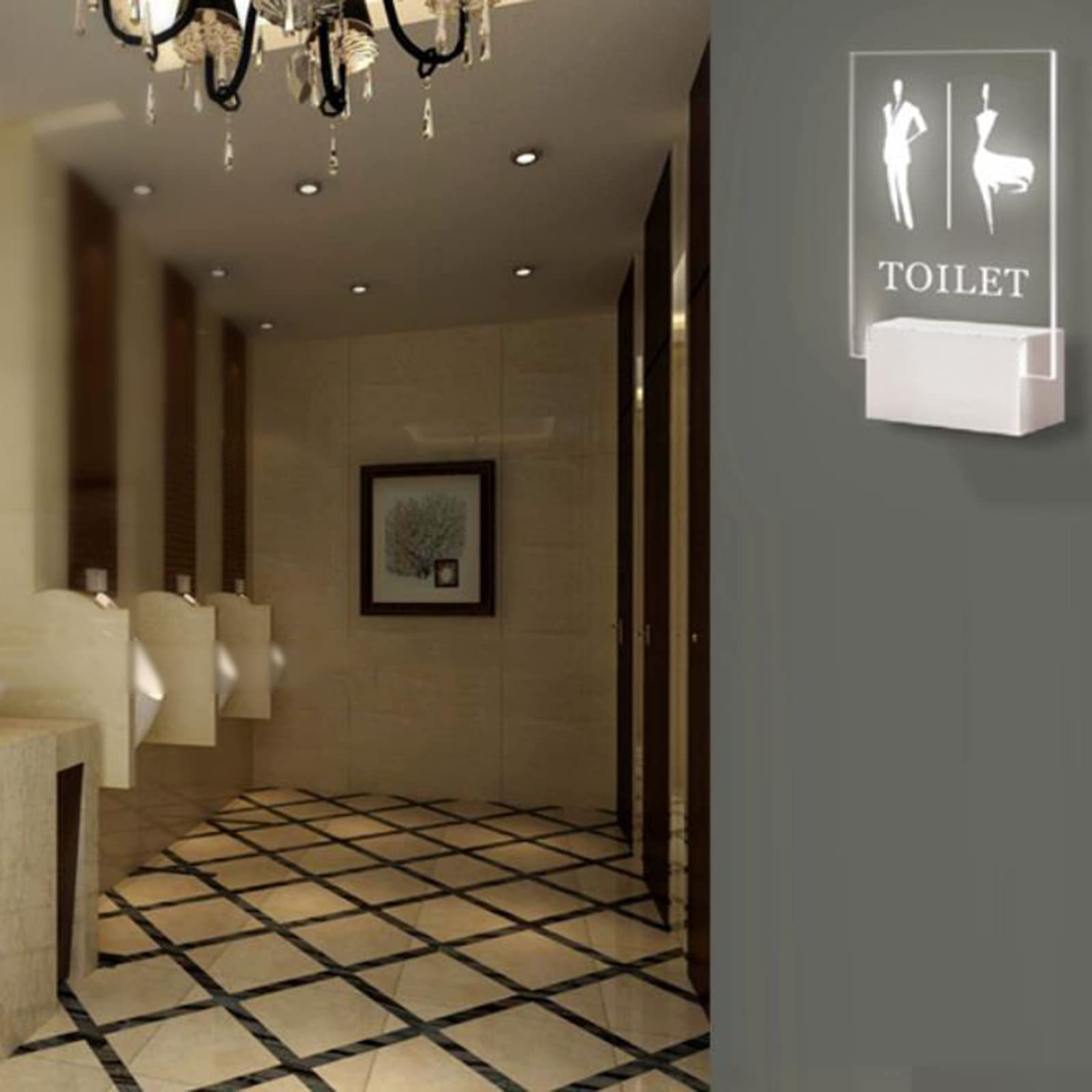 SwePer Panel toaletowy LED, panel ścienny toaletowy dla mężczyzn i kobiet, akrylowa powierzchnia i metalowa podstawa, 6,3 x 10,2 cala, do łazienki, salonu, biura lub firmy (kolor: B