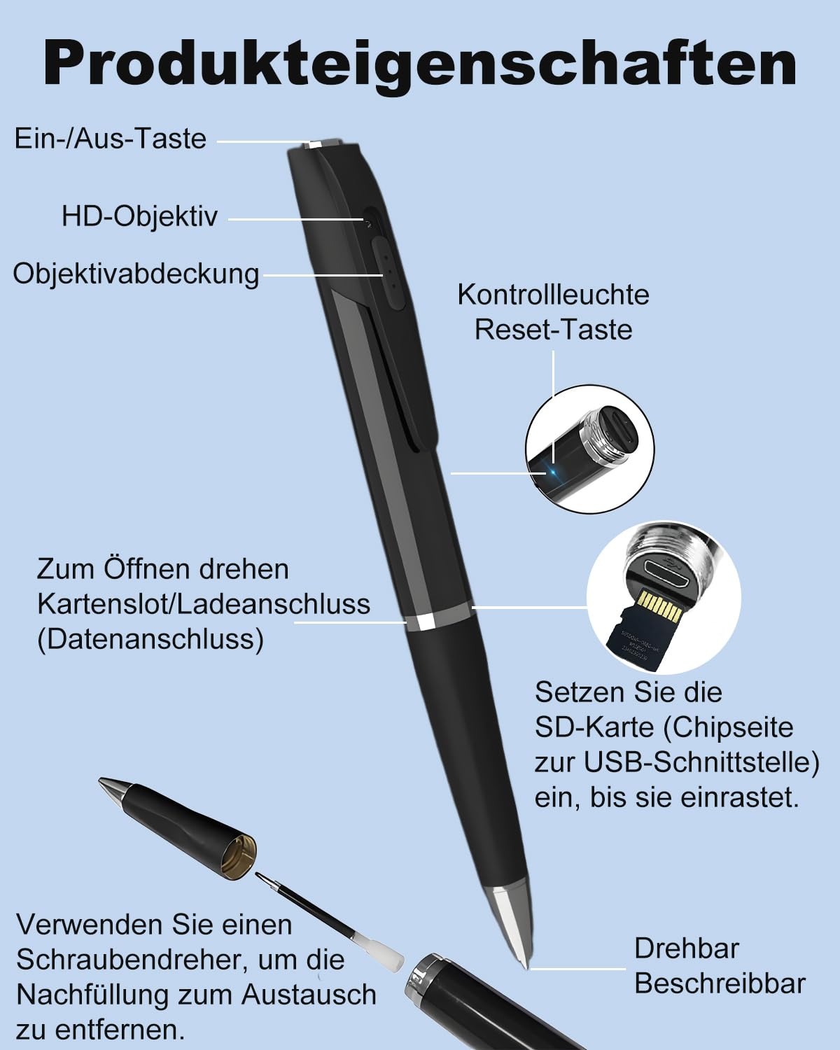 Mini Kamera, 1080P Full HD Mini Überwachungskamera mit 64GB Speicherkarte, Kugelschreiber Kamera, Video und Foto Shooting, Loop Speicher, StiftKamera, Kleine Überwachungskamera für Indoor/Outdoor