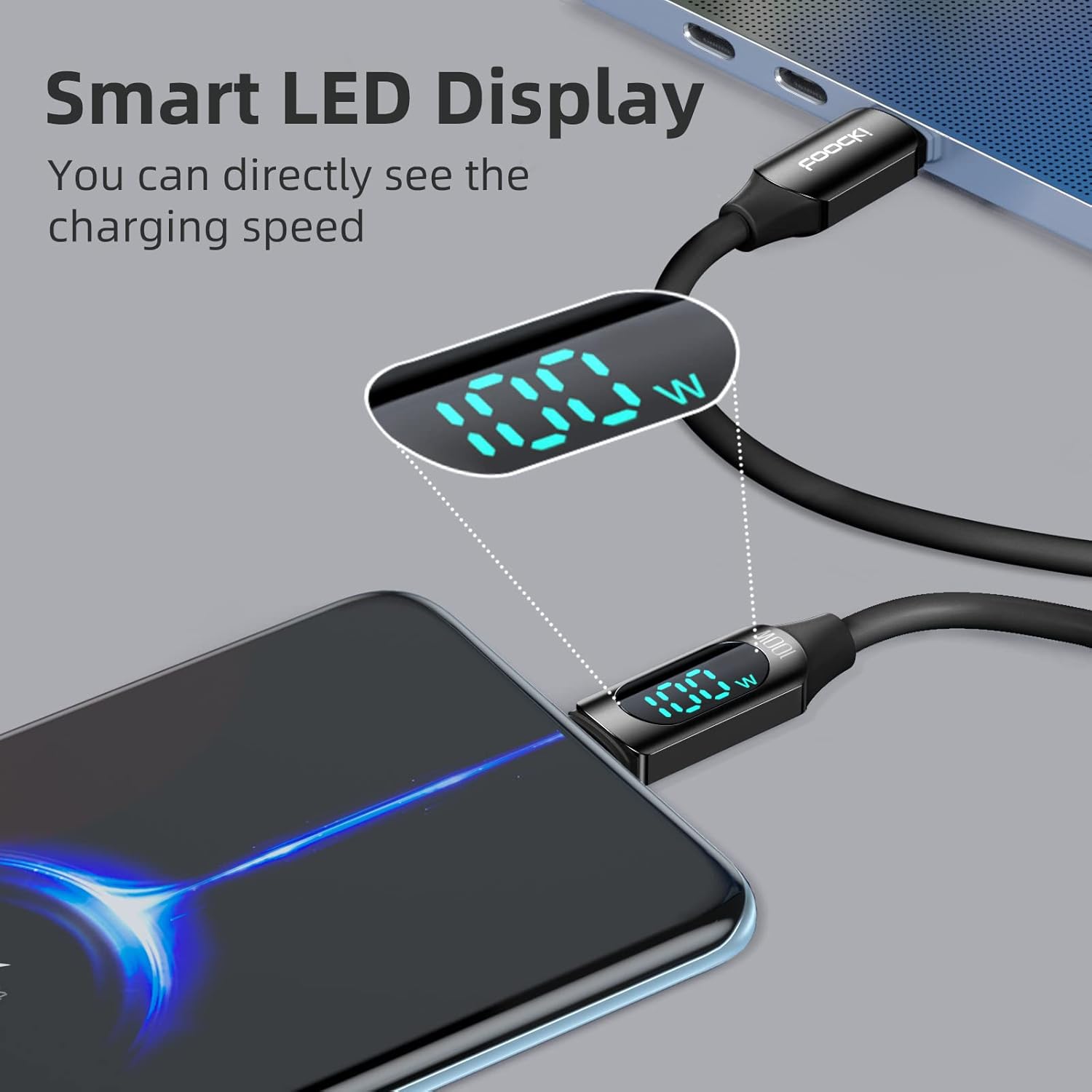 Close-up of the cable's smart LED display showing charging speed