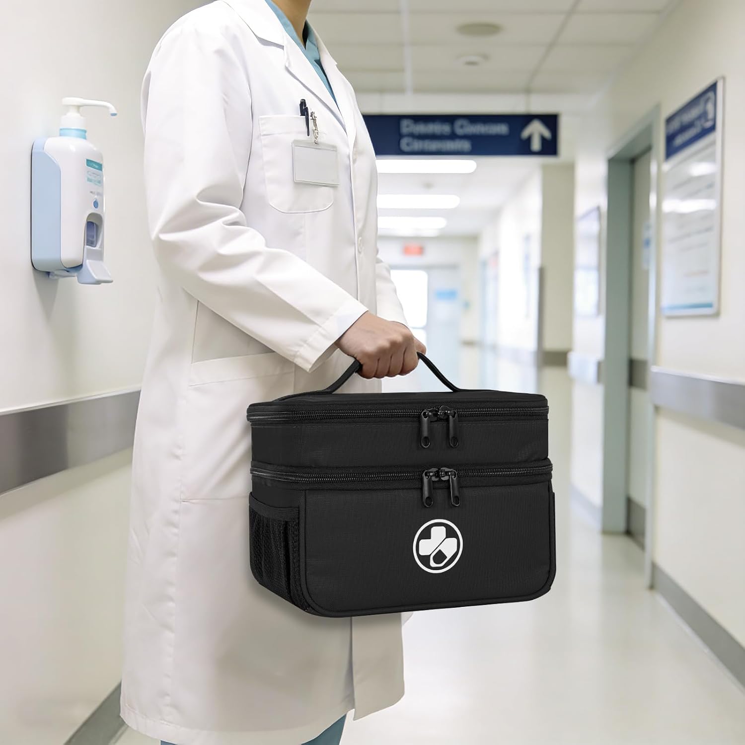 Dual Layers Medicine Organizer Bag, Pill Bottle Organizer Storage with Lockable Zipper, Lockable Medicine Travel Case for Pills, Vitamins, Medical Supplies, Black（Lock Not Included）