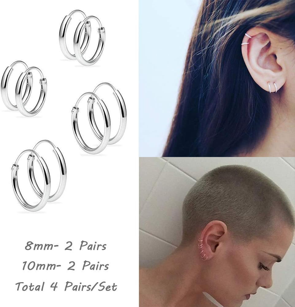 8 Pairs Hypoallergenic 925 Sterling Silver Tragus Earrings&Tiny Round Cubic Zirconia Studs