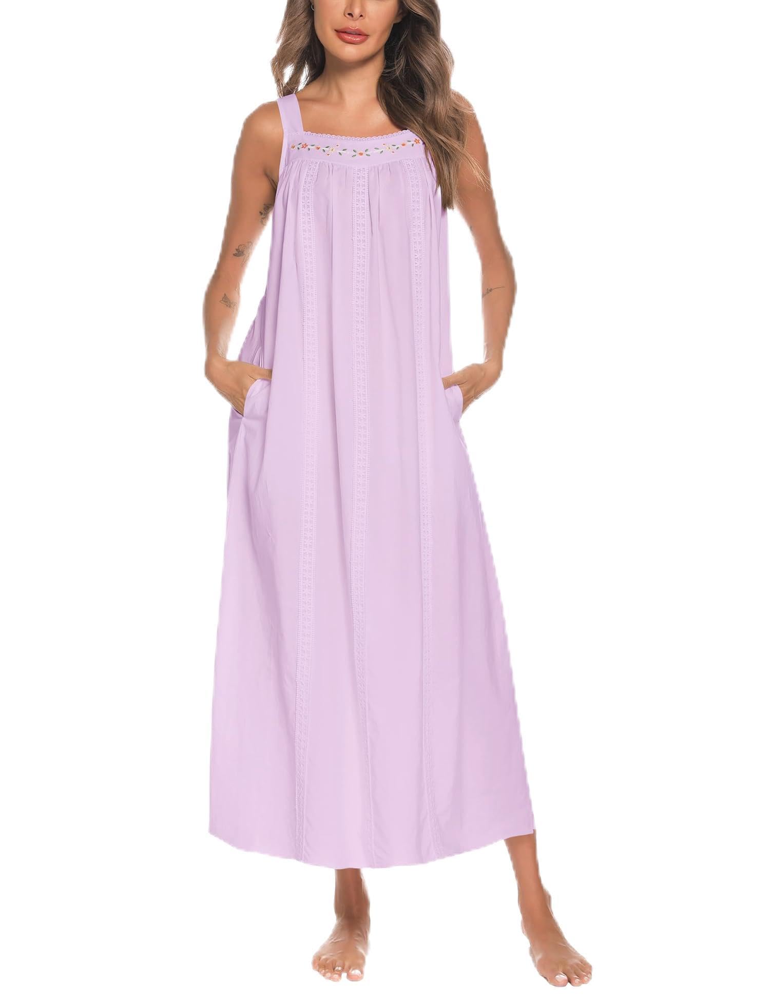 YOZLY Cotton Nightgowns for Women Embroidery Sleeveless Night Gown with Pockets S-XXXL