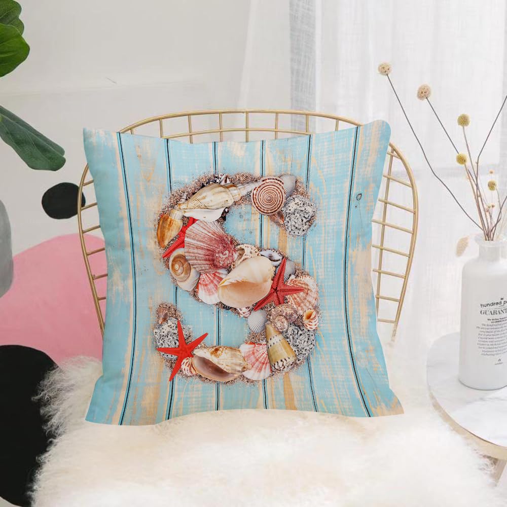 HYOSXW Cushion Cover,Throw Pillow Case Home Decorative for Living Room Bedroom Sofa Chair 16X16 Inch,Letter S, Various Scallops Scallops Starfish on Wooden Axes,Pillowcase 40X40cm