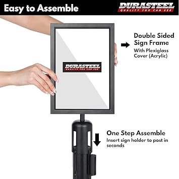DuraSteel Stanchion Sign Holder 8.5 x 11 Paper Size - Double Sided Portrait Display w/Plexiglass Cover - Black Stanchions Crowd Control Metal Outdoor Sign Holder Stand - NOT Fit US Weight Stantions