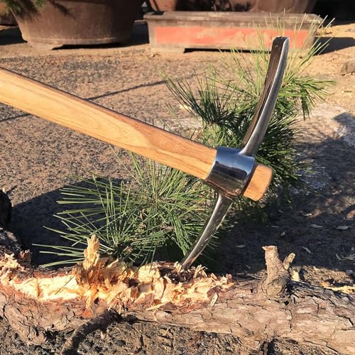 Pick Axe, Stainless Steel Rock Pick Pickaxes Mattock Hoe with Wooden Handle Pick Axe Hand Tool for Transplanting Planting Loosening Soil Prospecting - Thumbnail 4