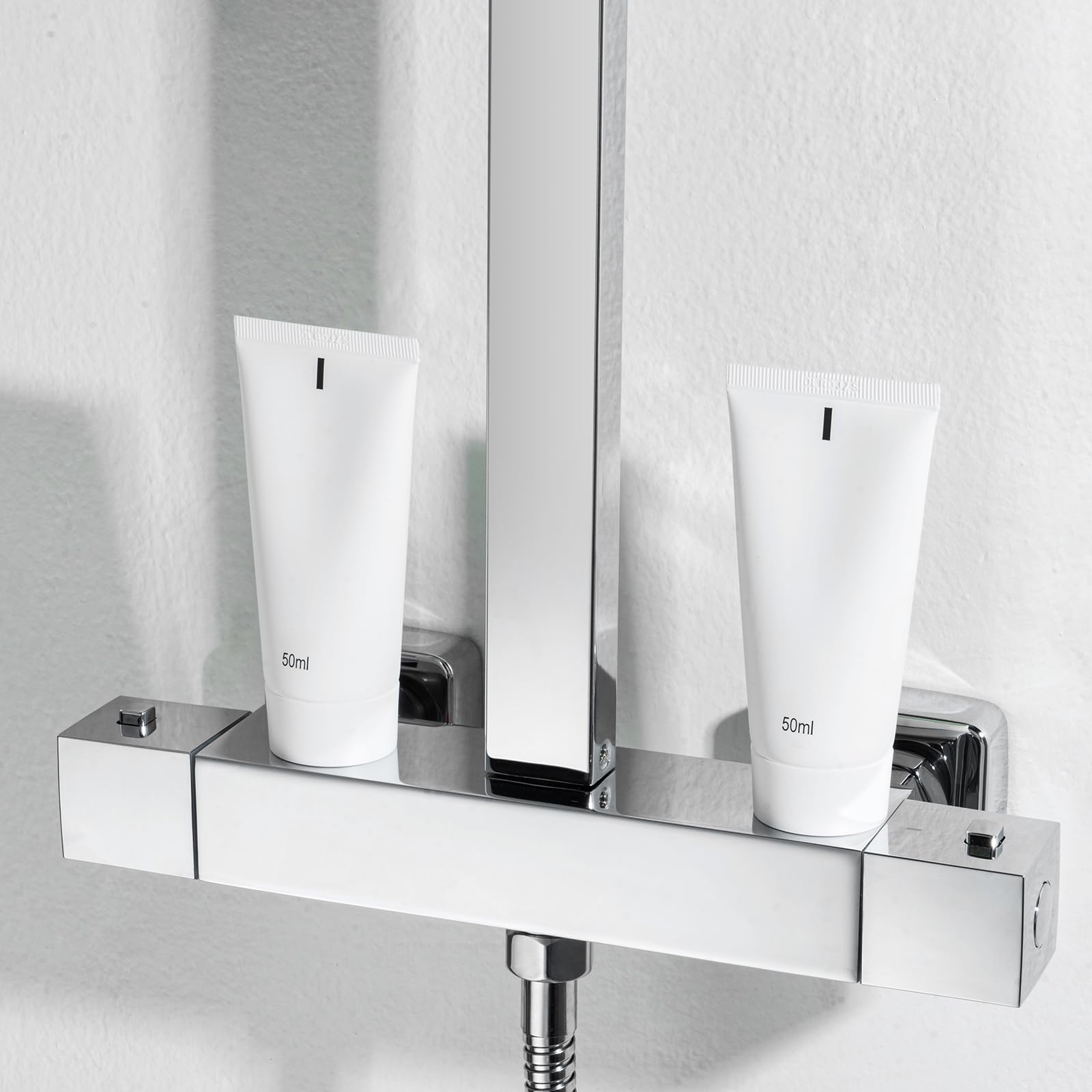 Auralum Colonna Doccia con Miscelatore Termostatico, Miscelatore Doccia con Saliscendi Doccia in Acciaio Inox Altezza Regolabile 97-130cm, Asta Doccia con Soffione Doccia Quadrato 25cmx25cm e Doccetta
