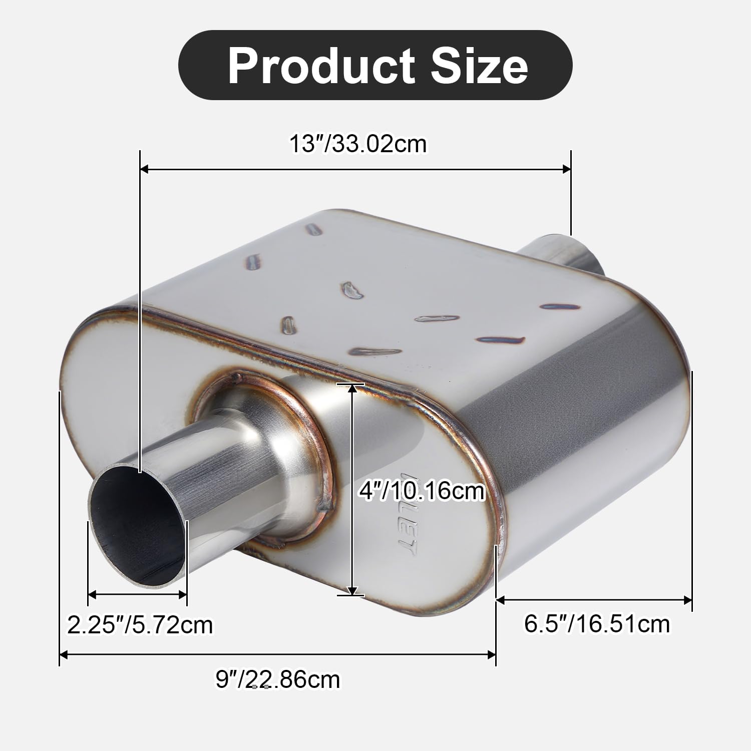 Universal Exhaust Muffler with Aggressive Sound 409 stainless steel Performance Automotive Exhaust Muffler (2.25" center in | 2.25" center out | overall 13")