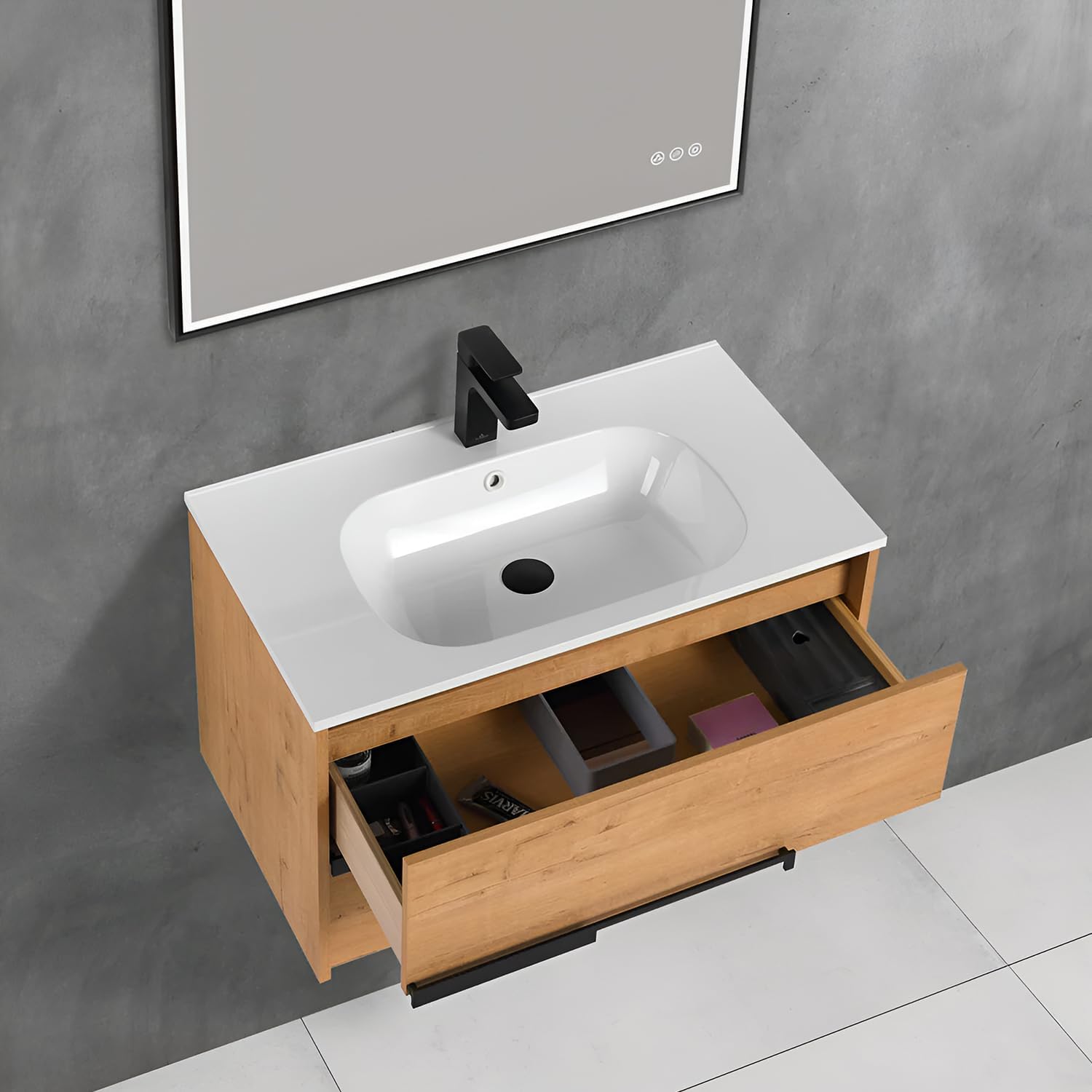 Blossom 30" Wall Mounted Bathroom Vanity with Sink - Water Resistant Plywood Floating Cabinet - Classic Oak Modern Vanity Combo - Non-Porous SMC Basin & Whisper-Quiet Soft Close Drawers