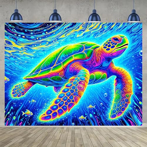 Image of BlissYard Blacklight Tapestry 78x59 Inch Sea Turtle Glow in the Dark Trippy Ocean Wall Art UV Reactive Neon Psychedelic Turtle Tapestry for Bedroom Dorm Party Wall Hanging Decor