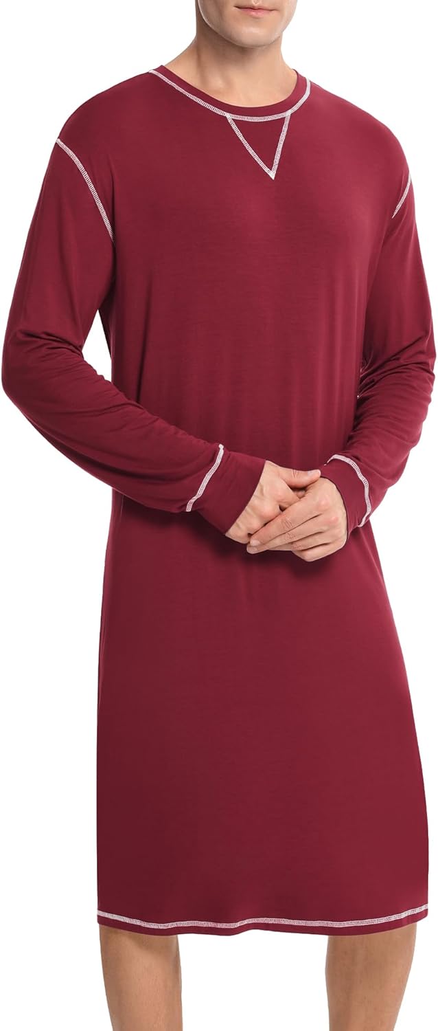 SWOMOG Mens Nightgown Long Sleeve Lounge, Sleep Henley Shirt Pajama Big & Tall Nightshirt Comfy Nightwear S-XXL - Image 2