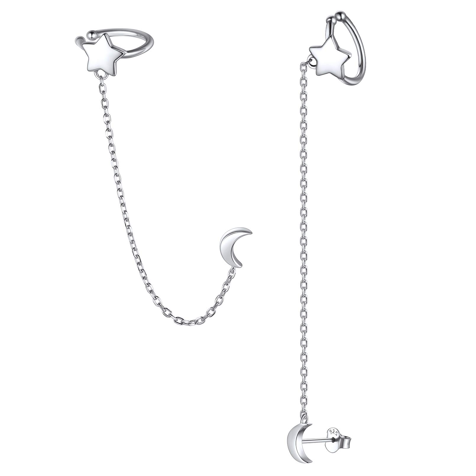 ChicSilverPendientes Cadena Cartílago Mujer Plata de Ley 925 Clip de Oreja Largo sin Perforación Ear Cuff Mujer Joyerías Minimalistas de Parejas