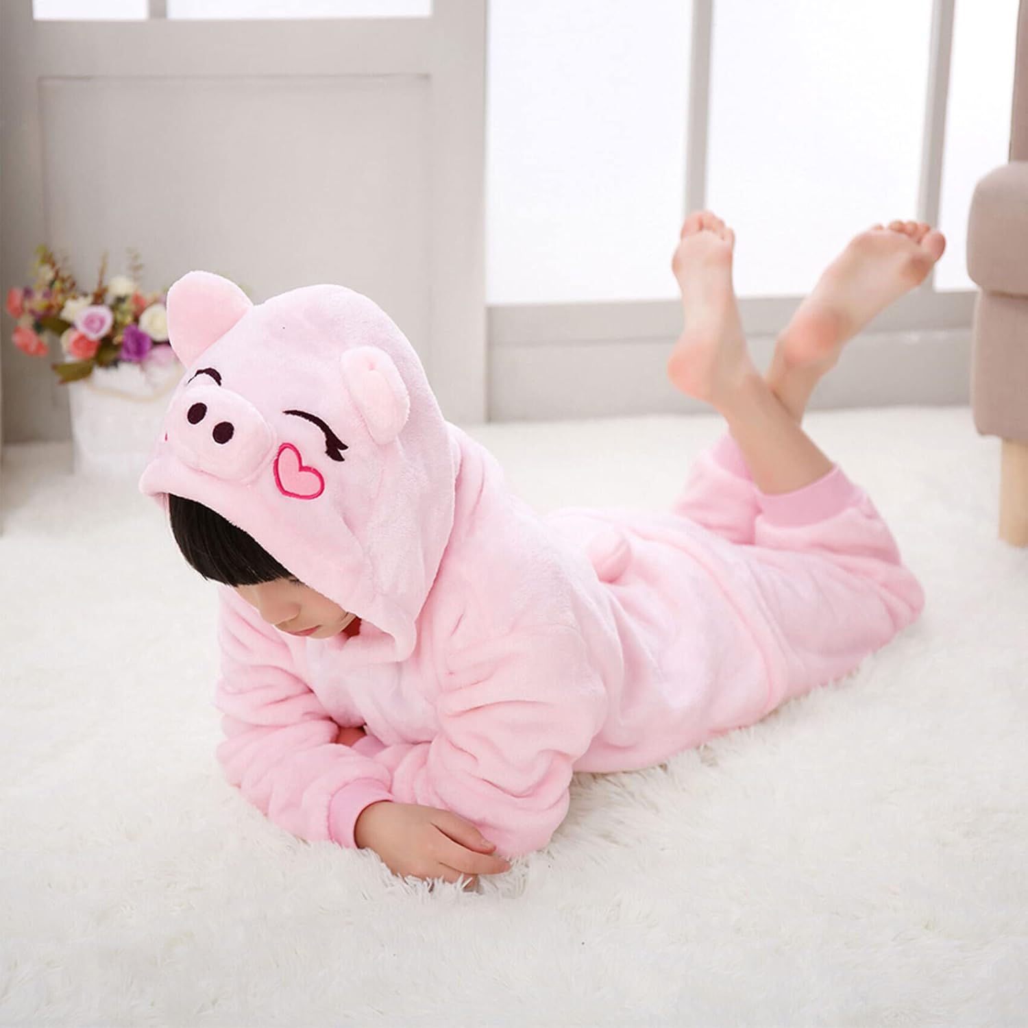 WAFUNNE Kids Piggy Costume Cosplay Halloween Animal Onesie for Boys Girls Child Pink Pig 140(for height=48-52in) Pig