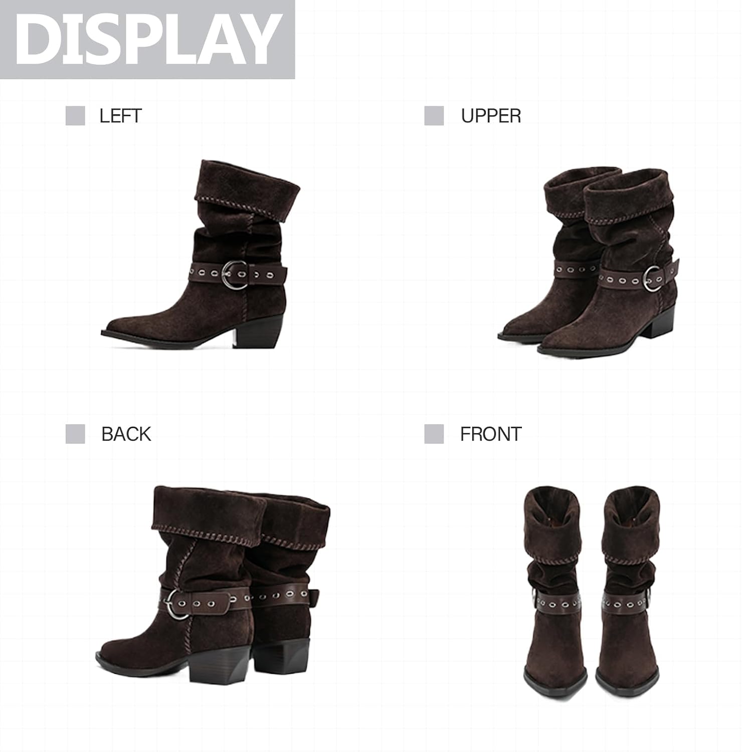 Womens Leather Chunky Heel Buckle Strap Mid-Calf Boots Fashion Vintage Pointed Toe Block Heel Biker Boots For Dressy Party Daily Shopping