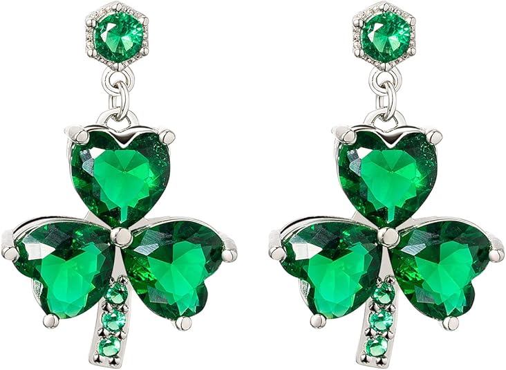 Shamrock Stud Earrings Green Rhinestone Heart Leaf St. Patrick s Day Jewelry
