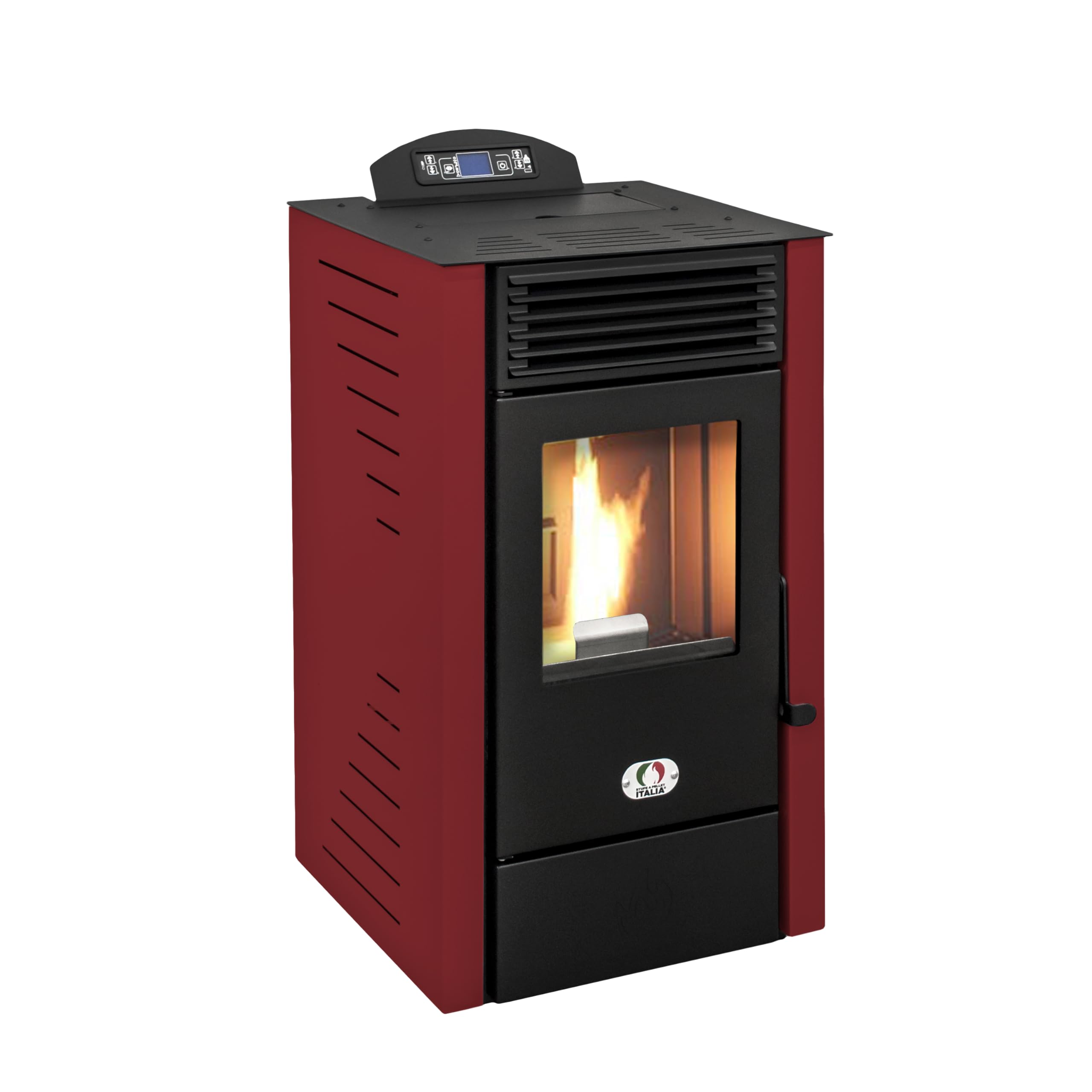 STUFE A PELLET ITALIA SRL - California 8 kW piec na pellet, wentylowany, ogrzewanie do 60 m2, 5 poziomów mocy, 5 prędkości wentylacji, programowalny, czerwony