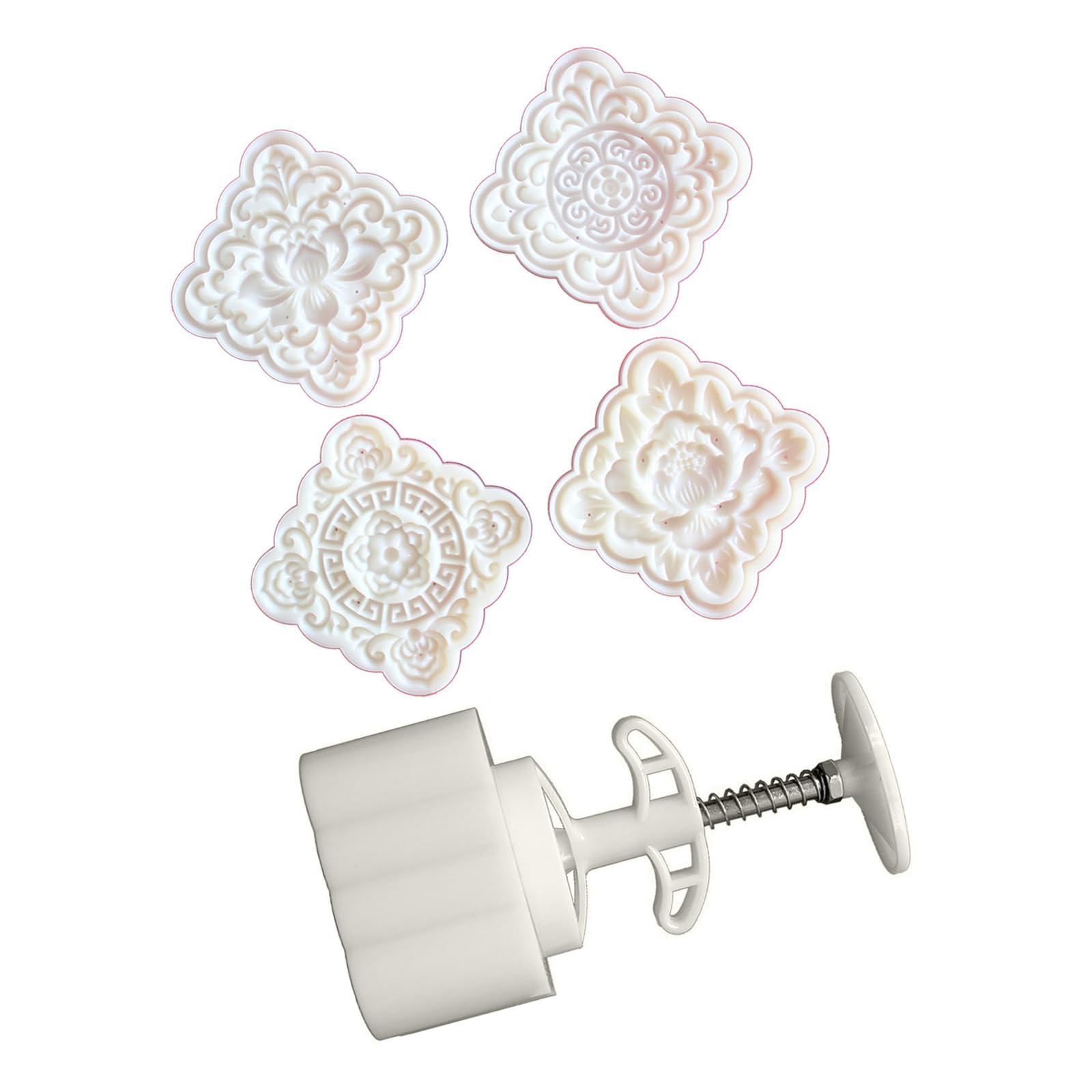 NVOQILIN Chinese 3D Floral Square Shape Baking Molds with 4 Stamps Hand Press Dessert Tool for Cake Cookie and Pastries Dessert Molds
