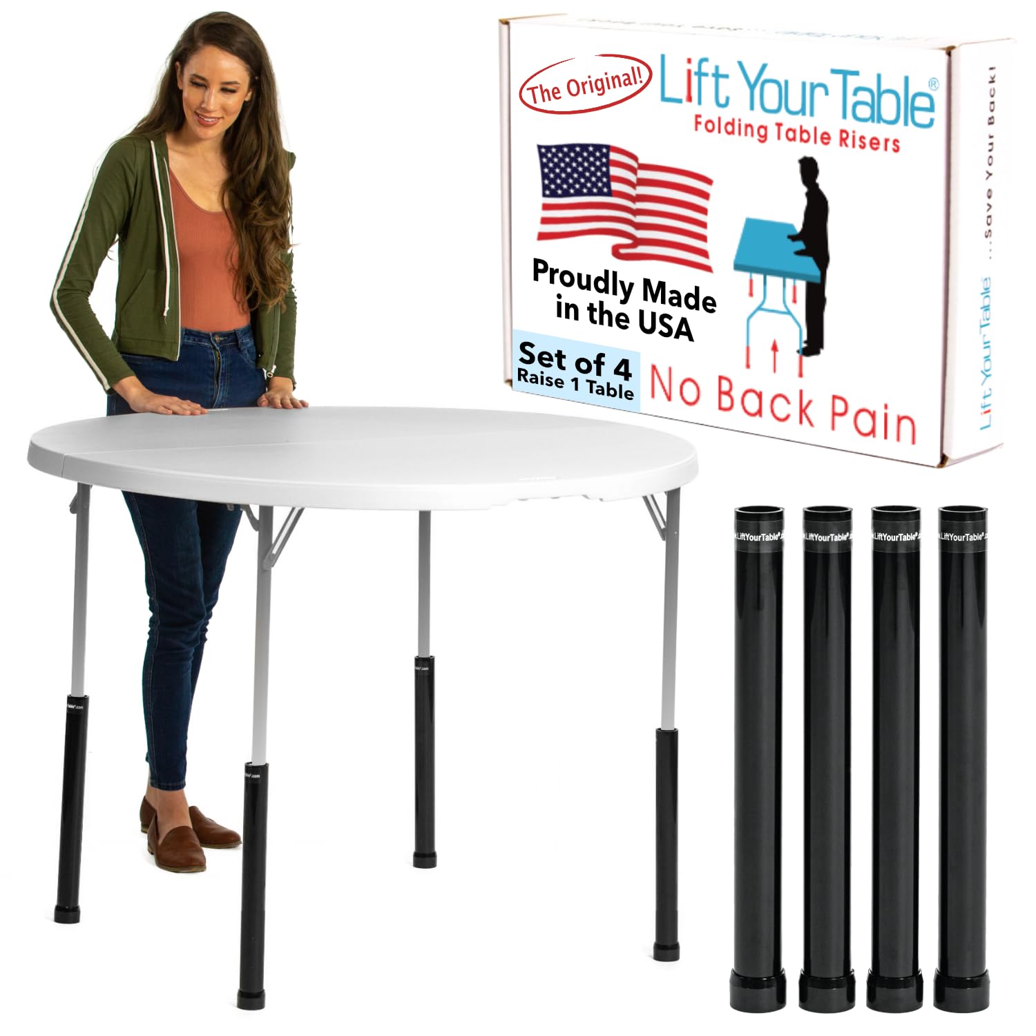 Lift Your Table® Folding Table Risers - Counter Height (for Straight Leg Design) – USA Made, Sturdy, Portable, Easy-to-Use Extensions Raise Straight Leg Folding Tables (Set of 4)