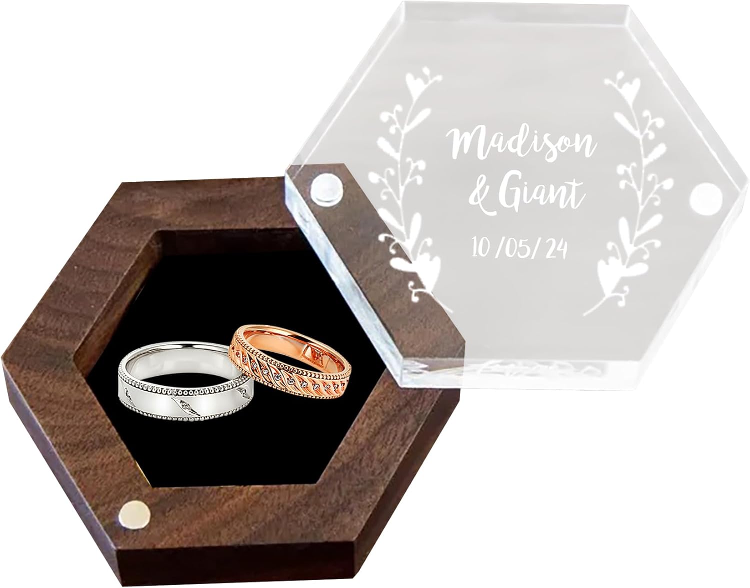 Custom Hexagon Ring Box Wood Acrylic Wedding Ring Boxes Transparent Ring Bearer Box for Wedding Ceremony Marriage Engagement Proposal