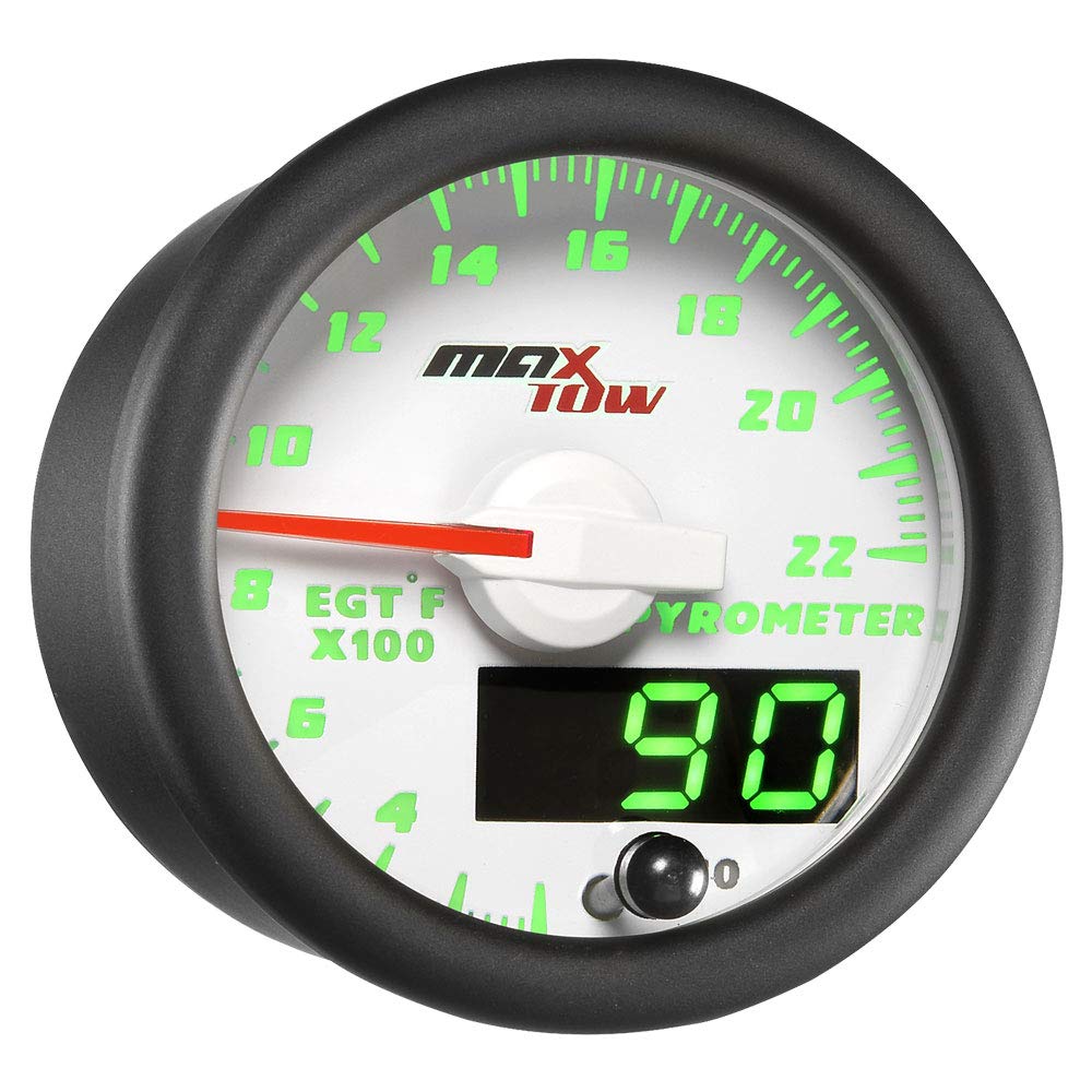 MaxTow Double Vision 2200 F Pyrometer Exhaust Gas Temperature EGT Gauge Kit - Includes Type K Probe - White Gauge Face - Green LED Dial - Analog & Digital Readouts - for Gas Trucks - 2-1/16" 52mm