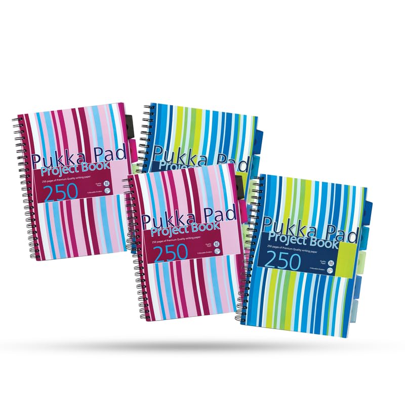 DLM Direct Pukka Pad Cahier de projet – Cahier de projet à rayures en polypropylène de couleurs assorties, 250 pages perforées et 5 intercalaires, carnet de notes à spirale A4 pour l'école, le bureau