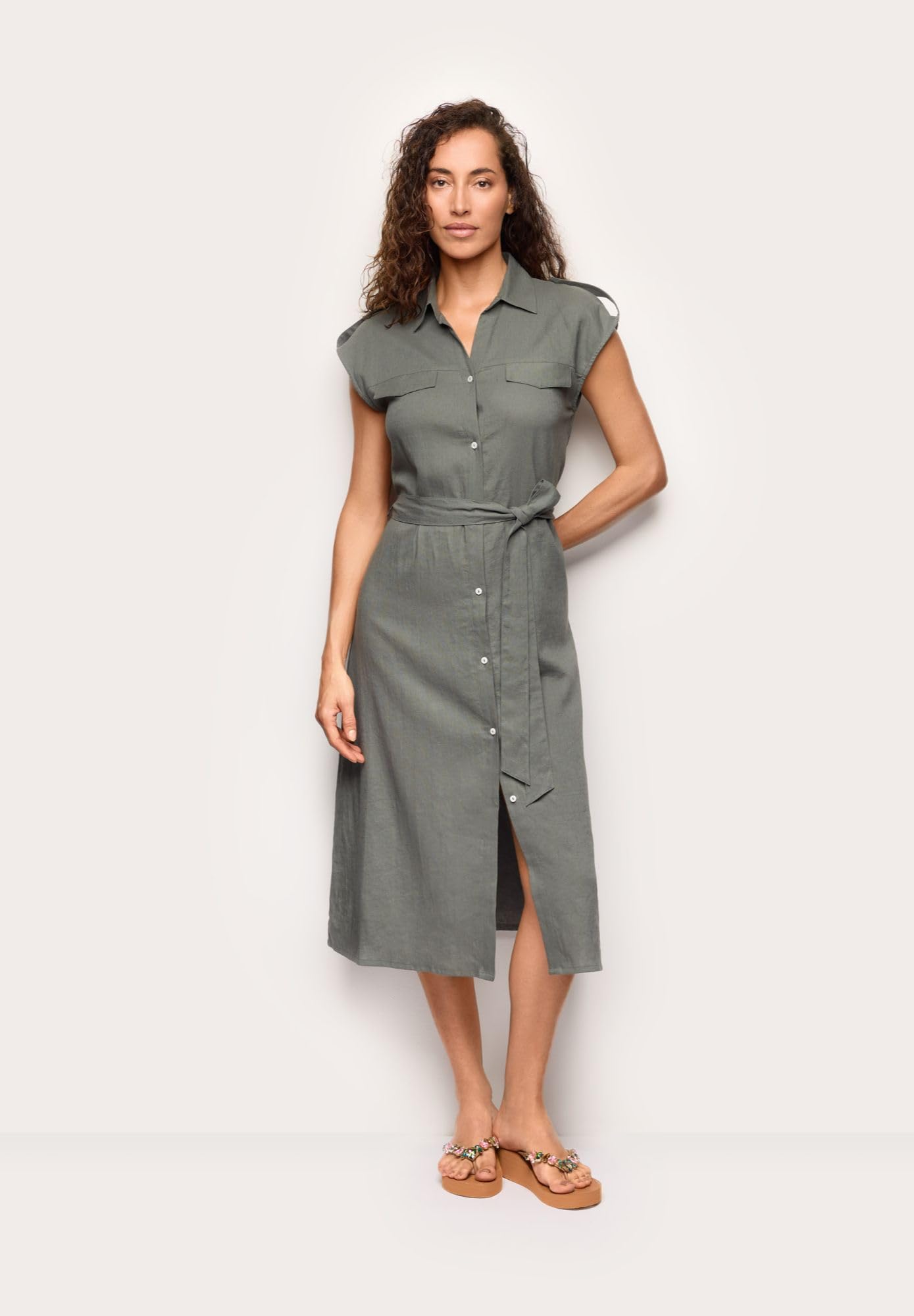 YAMAMAY - Abito Lungo Maniche Corte con Bottoni, Donna, Linen Viscose, monocromo