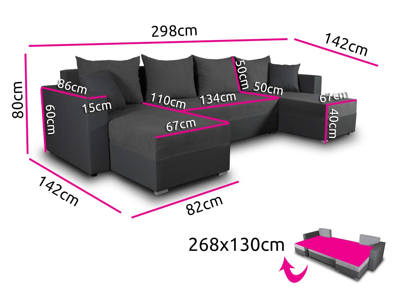 Sofnet Wohnlandschaft mit Schlaffunktion Beno - U-Form Couch, Ecksofa, Couchgranitur mit Bettfunktion, Polsterecke, Big Sofa, Polstergarnitur (Schwarz + Dunkelgrau (Cayenne 1114 + Enjoy 23))