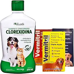 Kit Sarna e Micose Canina: Vermitril 4 Comprimidos mastigáveis + Shampoo Clorexidina Kelldrin (Cães 7 a 15kg)