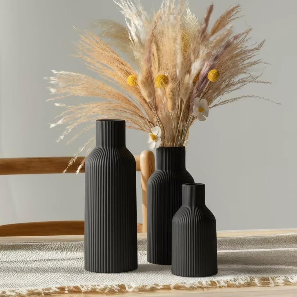 Glossy Black Ceramic Vases Set of 3 - Modern Ribbed Vases for Fresh Flowers & Pampas Grass - Minimalist Decorative Centerpieces for Coffee Table, Mantle, Entryway & Office