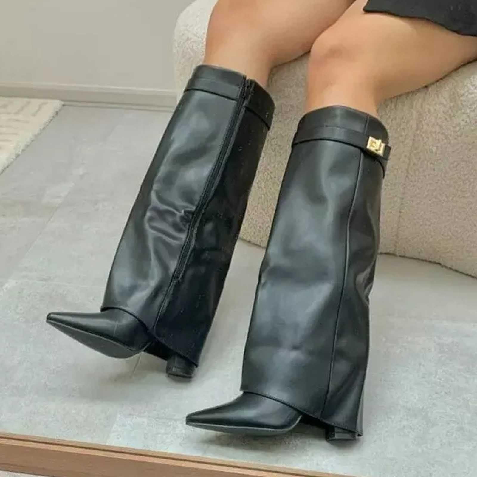 pvucpot Stivali Donna Invernali Cowboy Stivaletti Alti Tacchi Biker Fold Over Boots con Tacco