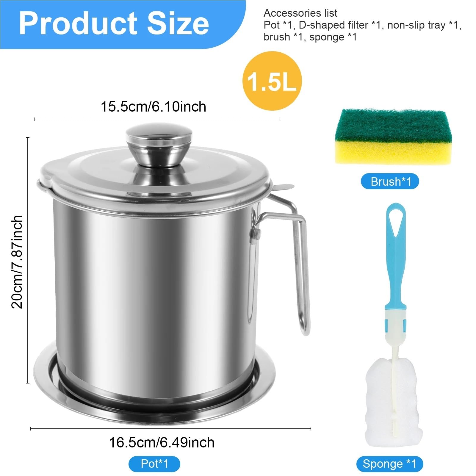 Contenedor de almacenamiento de aceite, lata de grasa de acero inoxidable con colador y base antideslizante, 51/68 onzas para almacenar aceite de freír, duradero y fácil de usar