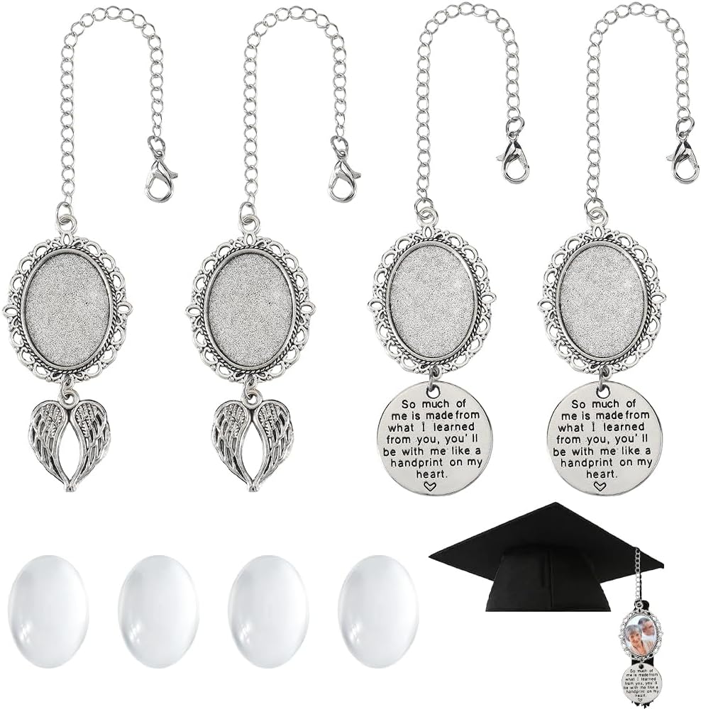 12Pcs Graduation Caps Memorial Charm 2025 Graduation Caps Photo Charms Silver Angel Wing Pendant with Glass Cabochons Grad Capss Picture Decoration Memorial Ceremony for College Gifts