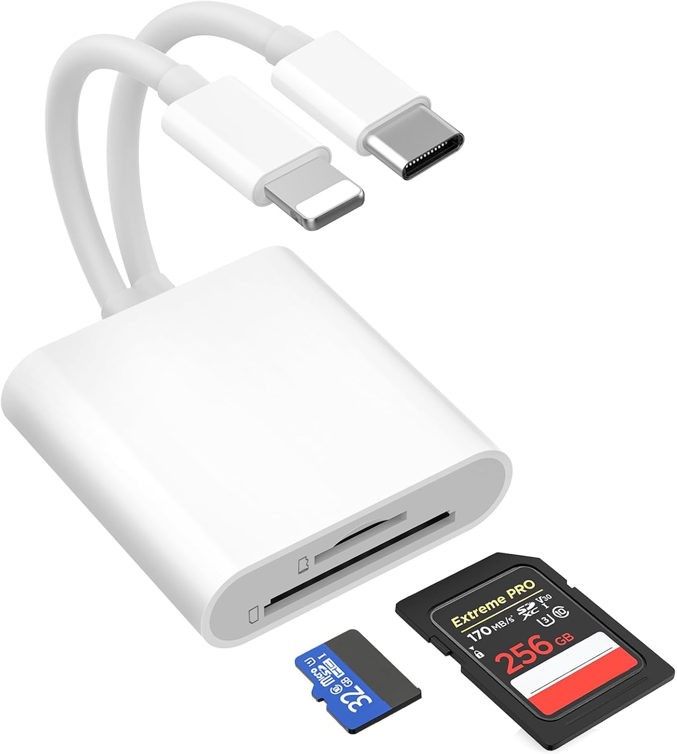 Dual Connector Dual Slot MicroSD/SD Card Reader for iPhone iPad, Lightning & USB C SD Card Reader, Camera Memory Card Reader, USB-C OTG Adapter for Devices with iOS/Android/Other Systems
