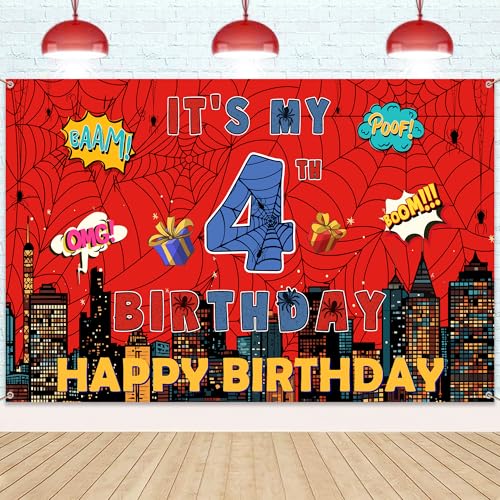 Spider Web 4th Birthday Banner - Red Blue ITS MY 4th BIRTHDAY Backdrop Decorations (180×110cm) Spider Theme Background Decoration for Boys Girls 4 Year Old Party
