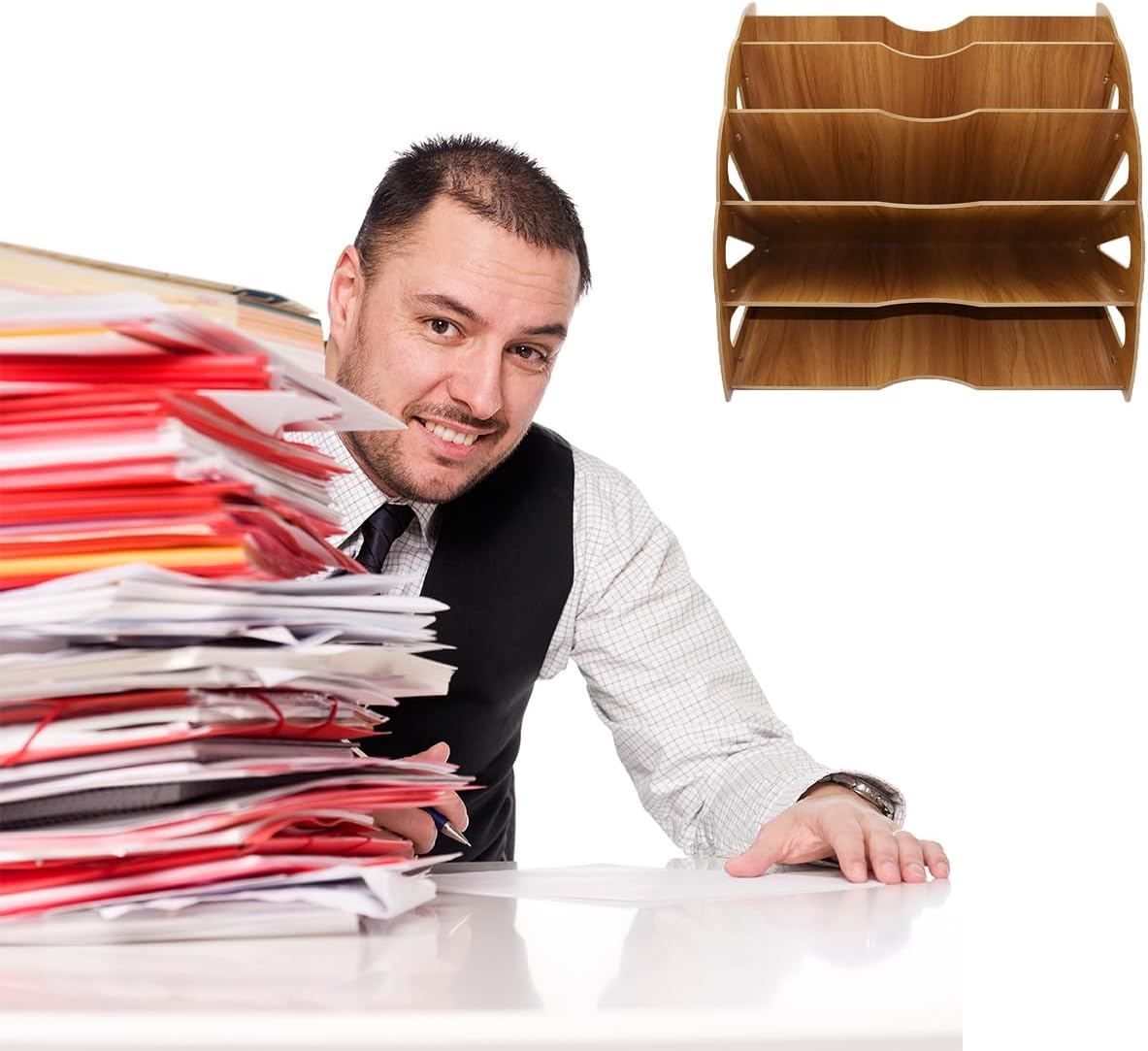 Fan Shaped Desk File Organizer File Holder 5 Compartments Storage Desk Organizer File Sorter Document for School Office Home, Wood, 13.4x11x11inch (Brown)