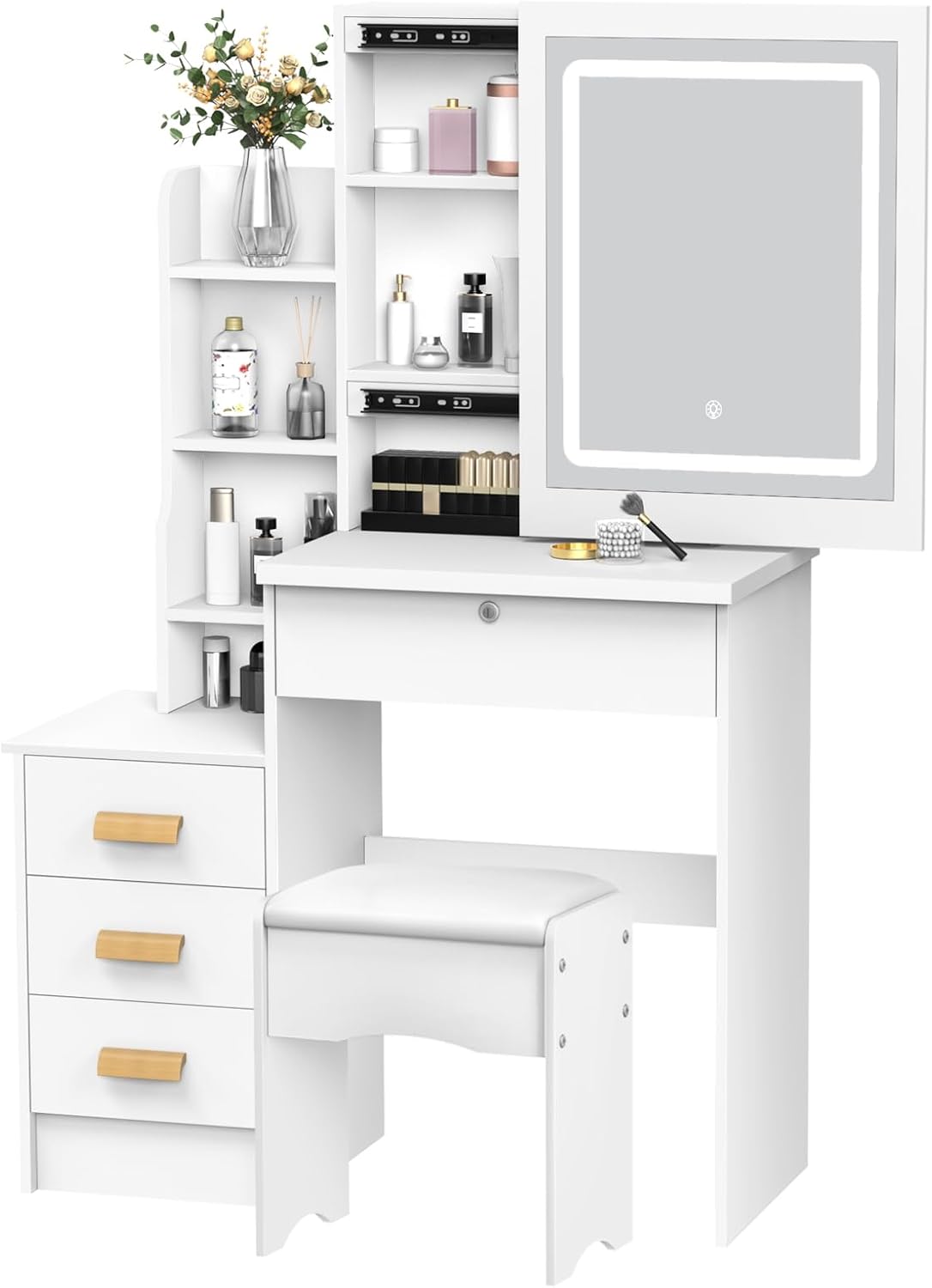 Vanity Desk with Sliding Mirror and Lights, Bedroom Dressing Table, Vanity Makeup Desk Makeup Table with Drawers & Shelves, Hidden Storage Space ﻿ White