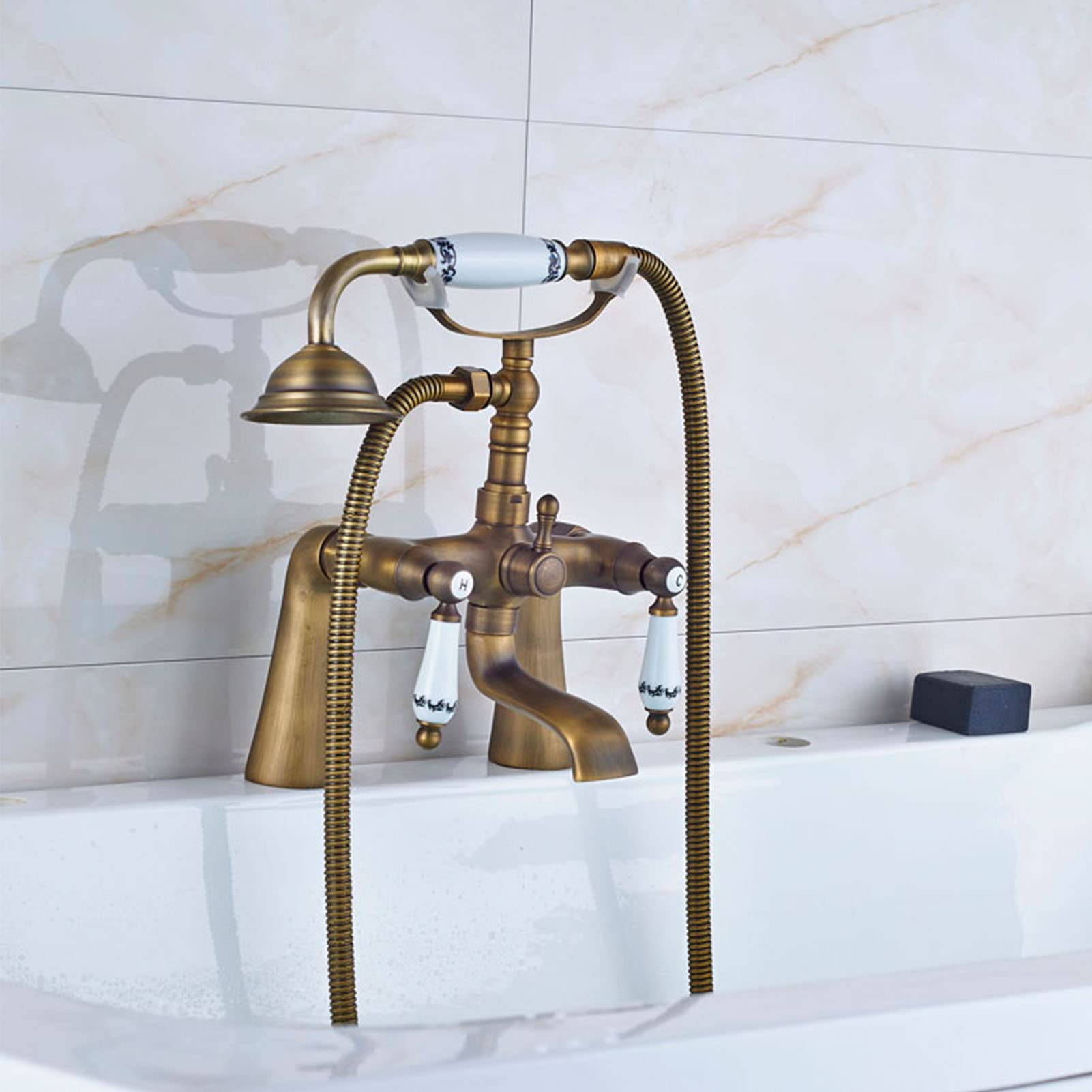 Bathtub Faucet Antique Brass, Bath Shower Faucet with Hand Shower, Deck Mounted Double Handles Hot and Cold Water Mixer Tap