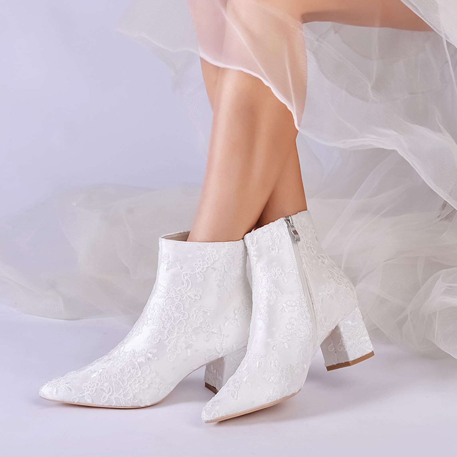 Botas De Novia De Encaje con Tacón Bloque para Mujer Botines De Tobillo Punta Puntiaguda Zapatos De Boda