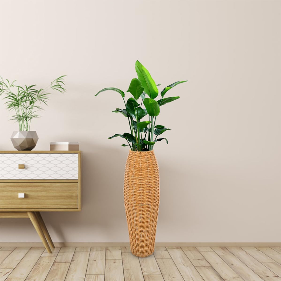 Mikinona Jarrones Decorativos Modernos Altos de Plástico Tejido Imitación Ratán para Suelo, Pack de 2 Piezas, Elegantes y Sencillos para Oficinas y Dormitorios