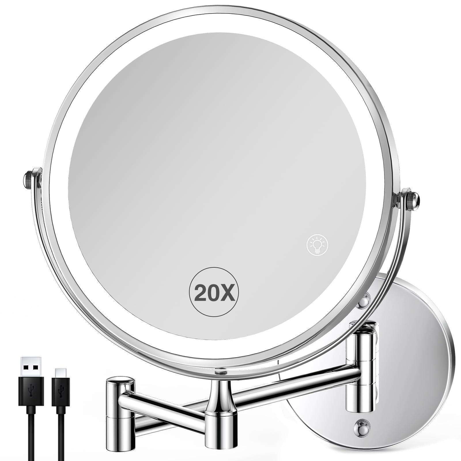 VORREMIRR LED Kosmetikspiegel, 20-fache Vergrößerung, Wandmontage, USB-Aufladbar, Doppelseitig mit Beleuchtung, Chrom
