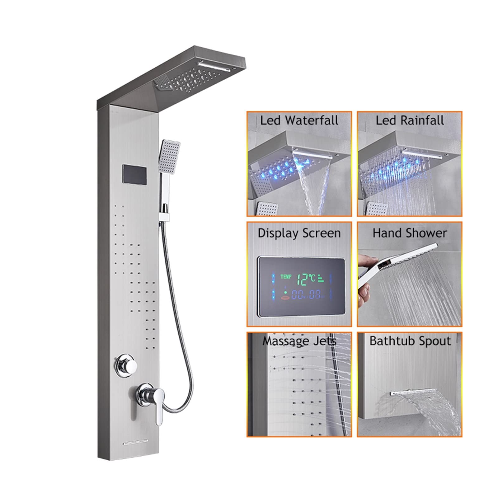 Soywim 8012 Brushed Nickel Shower System, Led Shower Panel Bath Faucet Temperature Digital Display Tub Body Massage System Jets Tower Column(8012 Brushed Nickel)