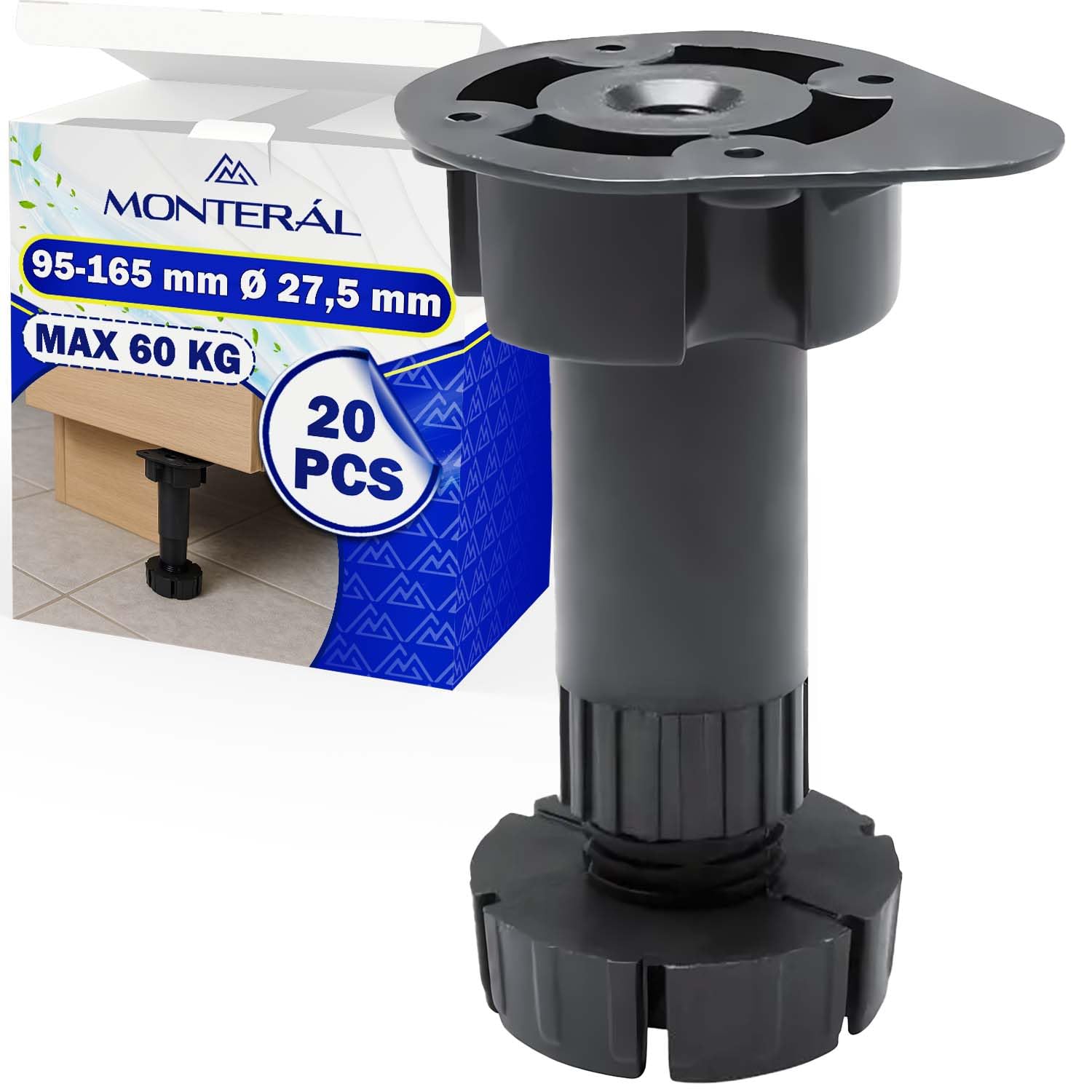 MONTERAL 20 Pezzi Piedini per Mobili Regolabili 95-165 mm Ø 27,5 mm Capacità di Carico 60 kg - Garanzia di 10 Anni