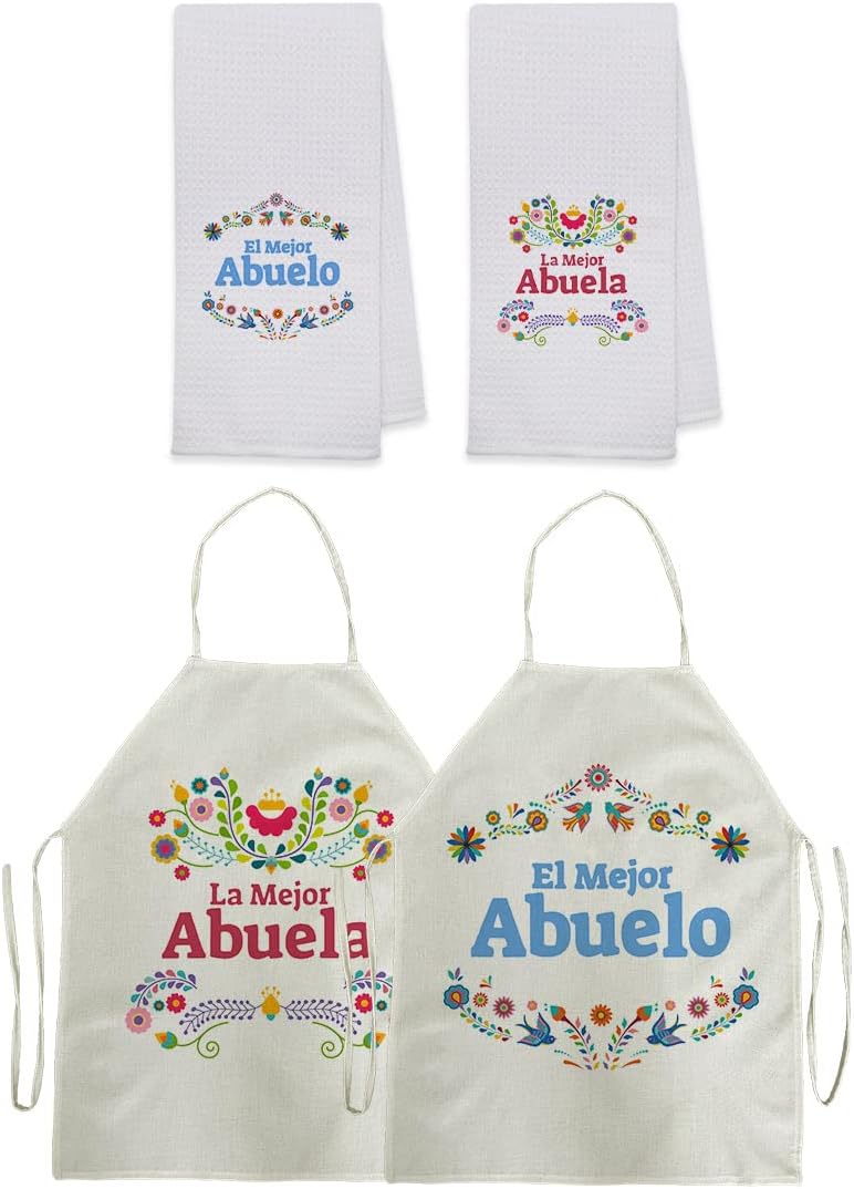 UINHMOP La Mejor Abuela & Abuelo Spanish 16''x24'' Bath Towels Kitchen Towels and Aprons Gift Set for Grandparents (2 Towels + 2 Aprons),Birthday Mother’s for Grandparents